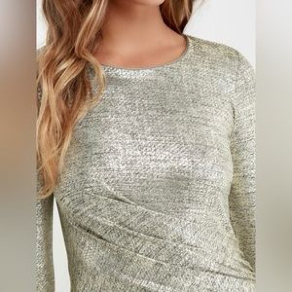 Lulus | Luxe of my life Gold Stretchy dress 3/4 sleeves - Picture 3 of 9